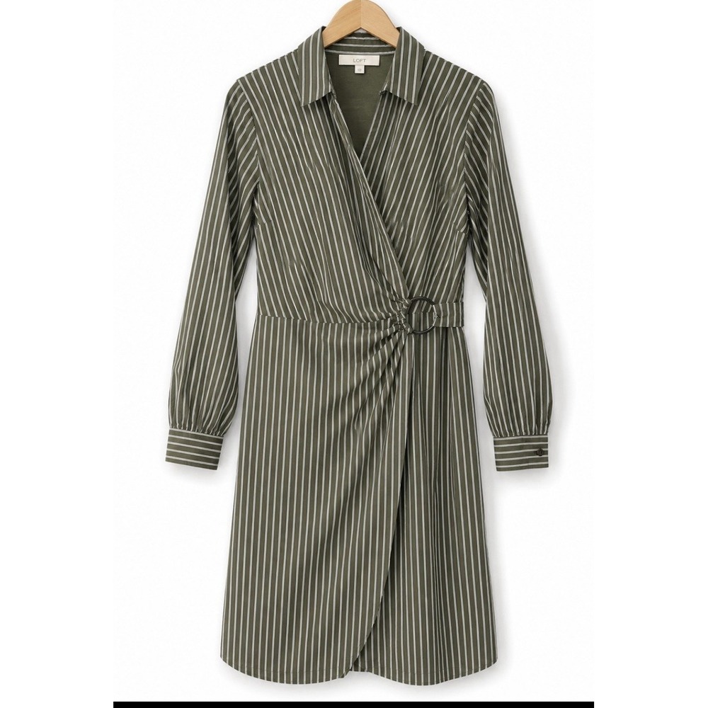 LOFT Shirt Dress Womens 10 Olive Green Striped Faux Wrap O Ring Belt Midi